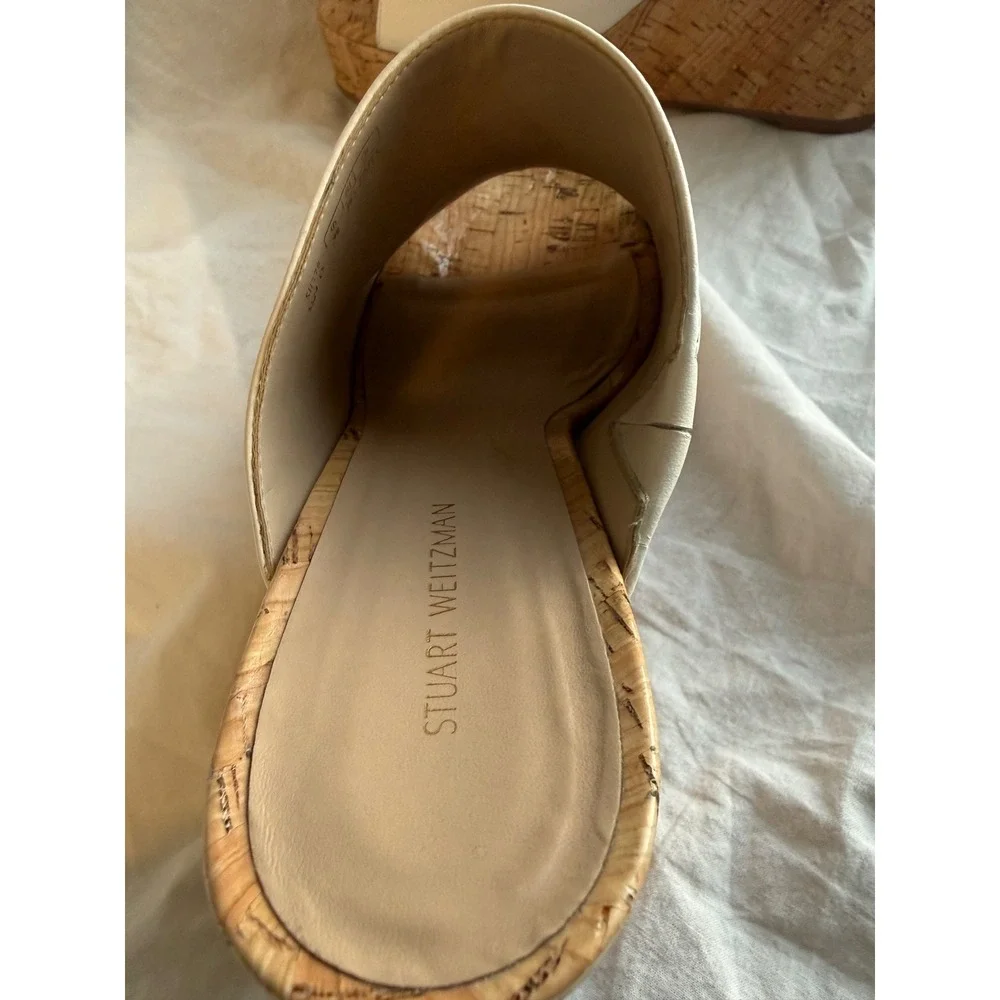 Stuart Weitzman Cream Leather Cork Platform Wedge Mules SH378 Size 9B - Picture 8 of 9